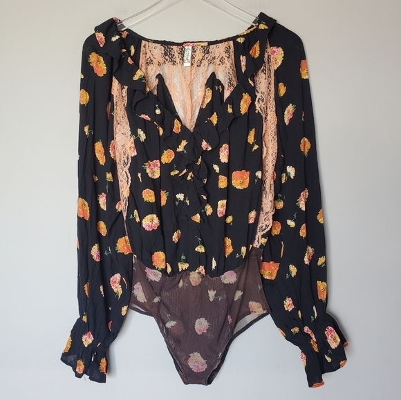 Free People Bodysuit Top Womens Extra Small Poppy Printed Long Sleeve Boho - Picture 9 of 9